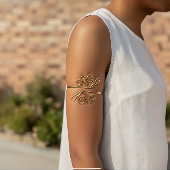 Boho Egyptian Curves Adjustable Arm Bangle – Gold Metal Alloy - Picture 5 of 11